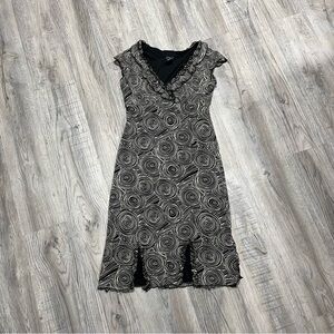 CDC Black and White Ruffled Sheath Midi Dress